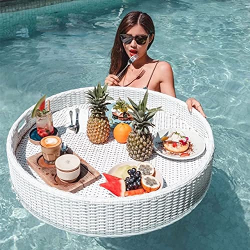 ExoticaBlend Schwimmender Tablett-Tisch für den Pool für Partys im Freien, schwimmendes Multifunktions-Frühstückstablett, Pool-Getränkekühler, Servierbar für Sommer-Wasserspiele im Freien,White-80CM