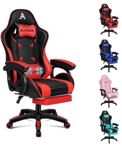 ALFORDSON Gaming Stuhl Massage Gamer-Stühle,ergonomischer Bürostuhl,Rot | Gaming-stuhl Computerstuhl einziehbar Fußstütze, Schreibtischstuhl bis 180 kg,90-150° neigbar,Höhenverstellbar Drehstuhl