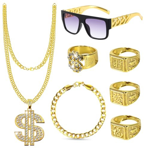 Dncvb 8 Piece Set Accessori Rapper Costume Hip Hop, Anni '80 '90 Accessori per Rapper, Collana e Anello con Segno del Dollaro Bracciale in Oro Rapper e Occhiali da Sole Per Carnevale