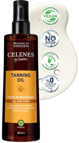 Celenes by Sweden Kräuter-Bräunungsöl - Für alle Hauttypen, Natürliche Bräune, Feuchtigkeitsspendend mit Kakao, Karotin & Vitamin E, 200 ml - Parabenfrei & Alkoholfrei