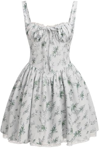 OBEEII Women's Floral Corset Mini Dress Square Neck Spaghetti Strap Summer Boho Sundress Floral Print Lace Up Fitted Dress Green Floral L