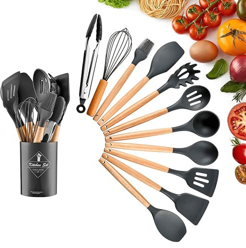 Utensilios de Cocina Juego de Utensilios de Cocina de Silicona de 12 piezas, Resistente al Calor con Mango de Madera con Accesorios Cocina Antiadherente, sin BPA, Apto para Todas Las Ollas