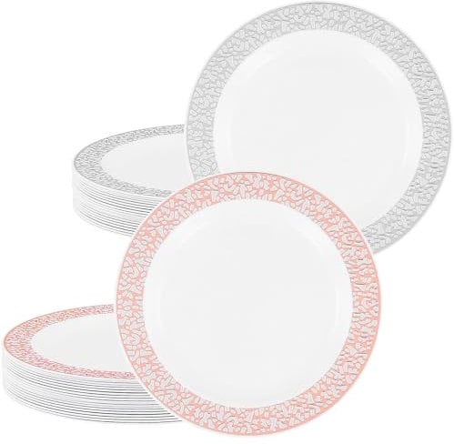 FUNSUEI 50 Pack Round Plastic Plates with Trim Lace, 19cm Plastic Party Plate, Party Dinner Plates for Dessert, Salad, Appetizer, Silver and Rose Gold Colours
