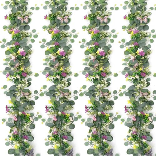 ASTNIC Paquete de 4 guirnaldas de flores de eucalipto artificiales de 5.68 pies con mariposa 3D, plantas colgantes falsas, enredaderas florales, margaritas, guirnalda de eucalipto para telón fondo (4)