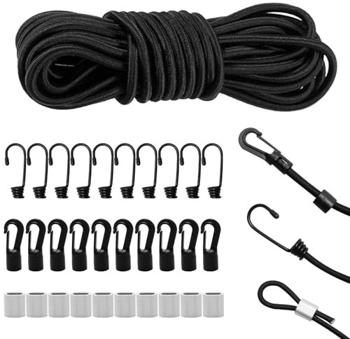 Elastische Gummischnur mit Haken Gummiseil 6mm 15 m Gummikordel Schwarz, Gummiband Expanderseil Planenseil für Anhängerplane Camping 10 Spiralhaken 10 Kunststoffhaken 10 Würgeklemmen