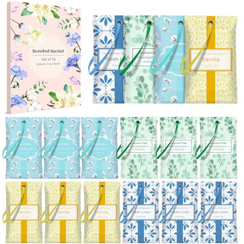 Scent-Hi Sachets Parfumés Mix, 16 Sachets pour Tiroirs Placards, Chambre Armoire, Voitures-Coton, Vanille, Eucalyptus Sage, Lin, (4 Senteurs)