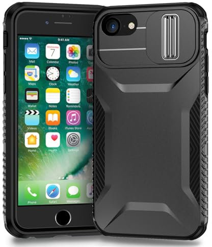 Yerebel Case for iPhone SE 2022/SE 3 2022/iPhone SE 2020/iPhone 7/iPhone 8/iPhone 6/6S Case with Slide Camera Cover, Military Grade Non-Slip Heavy Duty Rugged Protective Phone Cover for iPhone 8 Black