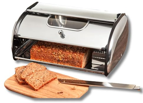 3 PAGEN® Stainless Steel Bread Bin with Viewing Window, Storage Box for Bread, Rolls and Biscuits, Bread Container with Optimal Air Circulation, Bread Storage, Roll Bread Bin, 34 x 23 x 14.5 cm
