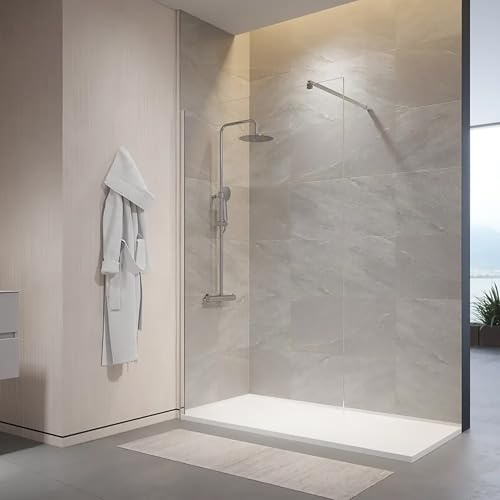 Box Doccia Walk-In 140 cm Altezza 200cm Parete Fissa Vetro Temperato Trasparente da 10mm con Trattamento Anticalcare Braccio Telescopico SUS304 Profili Alluminio Cromato