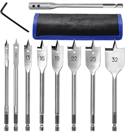 GOIEHIR 9-Teilig Flachfräsbohrer Set, 8x Flachfräsbohrer 6-32mm für Holz, Kohlenstoffstahl, Sechskantschaft, für Holzbearbeitung