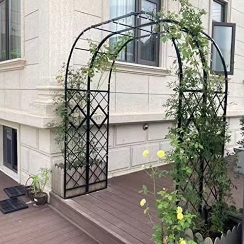 Pérgola de metal para jardín con revestimiento resistente a la intemperie, extra ancha, arco de plantas trepadoras para exteriores, para estabilidad, arco de hierro negro con bases (140 cm x 230 cm)