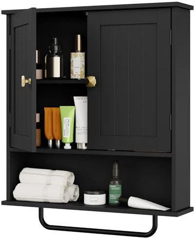 RRX Badezimmerschrank, Hängeschrank mit Handtuchhalter, 56x13x65cm Aufbewahrungsschrank über der Toilette mit 2 Türen und verstellbarem Regal, weißer Hängeschrank für Badezimmer, Waschküche (schwarz)