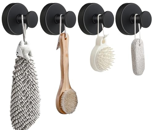Elfinfi Saugnapf Haken, 4 Stück Saugnäpfe Mit Haken, Edelstahl Saugnapf, Mehrzweck Saugnäpfe Wandhaken Anwendbar Auf Badezimmer Küchen,Outdoor (Schwarz)