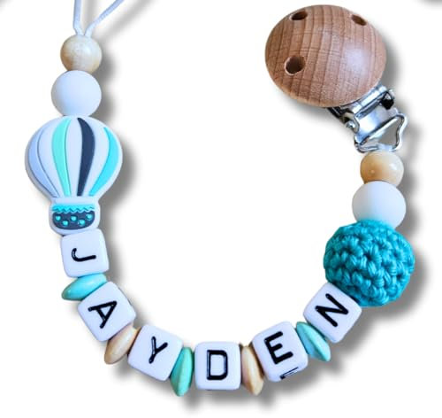 Lovely Personalisiertes Baby Geschenk, Mädchen/Junge, Schnullerkettchen mit Name, Schnullerband, verschiedene Farb-Varianten (Ballon-Türkis)