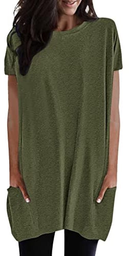 T-shirt long décontracté pour femme - Manches courtes - T-shirt d'été surdimensionné - Col rond - Avec poches - Couleur unie - Chemisier long ample - Tunique basique - T-shirt décontracté - Élégant