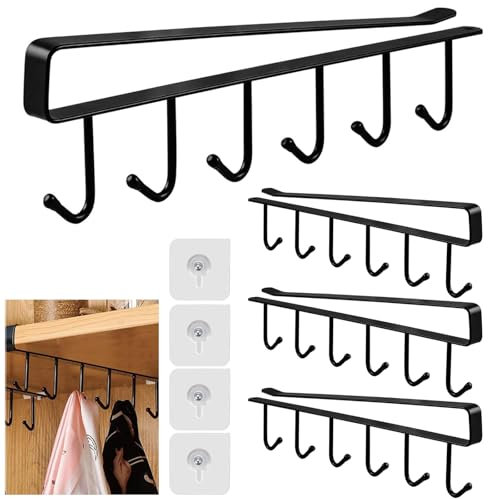 Cup Holder Under Cabinet, 4 Pcs Black 6 Hooks Cup Holder Under Cabinet, Undershelf Mug Storage, Mug Hooks Under Shelf, with Adhesive Screws, Kitchen Coffee Tea