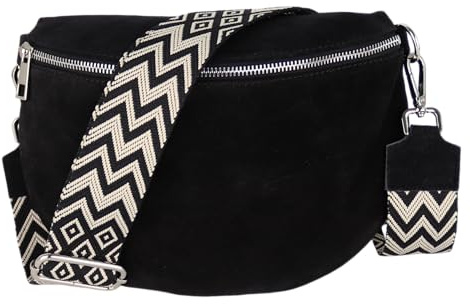 MIRROSI Damen Bauchtasche aus Wildleder, Made in Italy. Als Umhängetasche, Brust- oder Schultertasche tragbar, 26x20x8 cm, Reißverschlussfach hinten. (Upgrade Version: Wildleder Schwarz Boho)