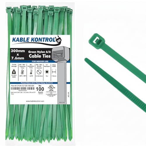 Kable Kontrol Green Cable Ties, 300 mm x 7.6 mm, Pack of 100, 12 Premium Nylon Zip Ties, Multi-Purpose Plastic Tie Wraps, Secure Self-Locking Mechanism, for Home, Garden, Office and DIY