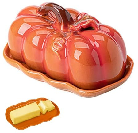 Beurrier en céramique avec couvercle pour comptoir en forme de citrouille, 18,3 x 10 cm, récipient pour décoration de table, Thanksgiving, Halloween, intérieur et automne