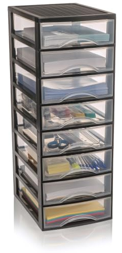 Hausfelder Schubladenbox A4, 8 Schubladen, Schwarz Transparent | Transparente Kunststoff Schubladenbox für Schreibtisch, Büro Organizer Schubladen, Aufbewahrungsbox mit Schubladen, Din A4