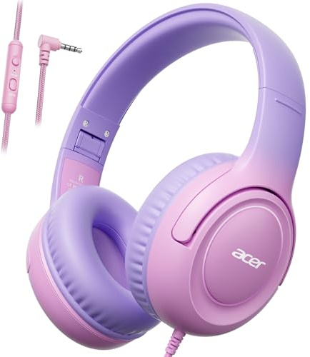 Acer Kids Headphones Wired, Toddler Headphones for Kids with 85/94dB Volume Limit, 3.5mm Jack, Foldable Adjustable Stereo Sound Over Ear, for School, Travel, Tablet, Kindle, iPad, PC(Purple Pink)