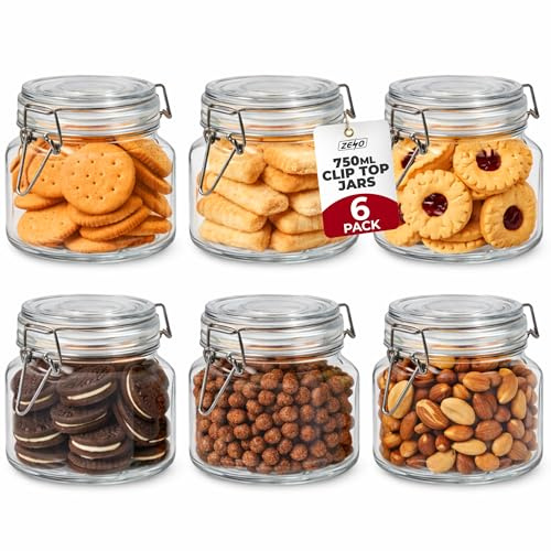 ZENO Clip Top Glass Jars 750ml 6 Pack | Airtight Glass Storage Jars with Lids | Mason Style Glass Jars for Dry Food Coffee Tea Spices | Kitchen Preserving Pickle & Storage Jars