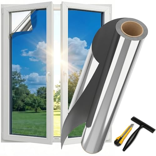 Spiegelfolie Fenster 50 * 200CM Fensterfolie Sonnenschutz Hitzeschutz innen oder außen Sichtschutzfolie Selbstklebend UV Folie Sonnenschutzfolie Rückstandslose Thermofolie Hitzeschutzfolie