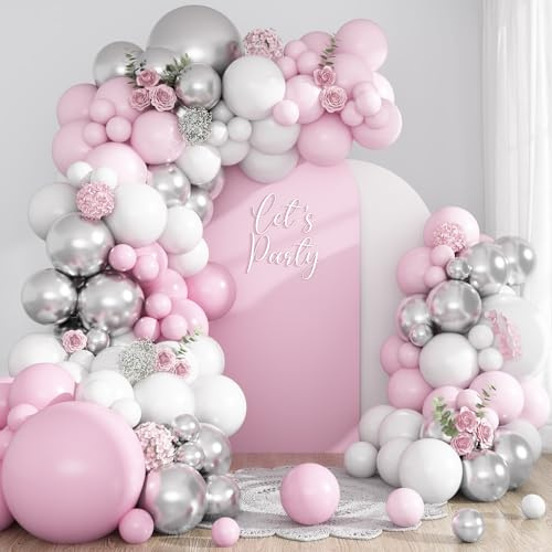 Ghirlanda di palloncini rosa, bianco, argento, palloncini rosa, 91 pezzi, palloncini rosa, bianco, argento, palloncini in lattice argento, per decorazione di compleanno, matrimonio, gender reveal