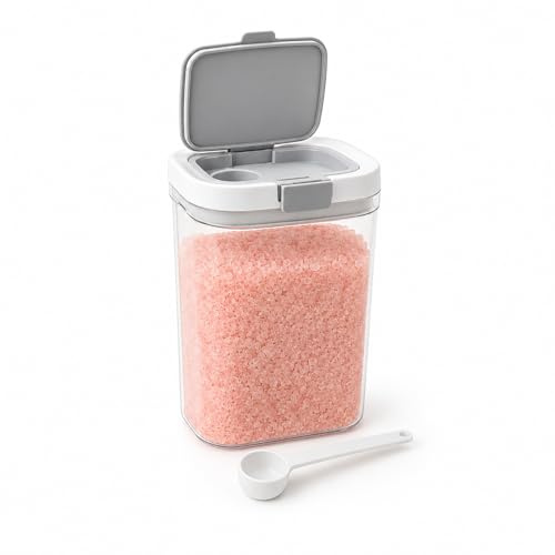 Raoletin Bath Salt Jar Clear 1.8L Salt Container, Airtight Bath Salt Jars with Scoop Plastic Salt Pot with Pop-Up Lid, Bathroom Organizers and Bathroom Decor and Accessories for Women
