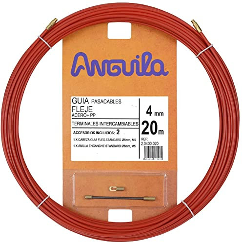 Anguila| Guía Pasacables | Terminales Intercambiables | Fleje de Acero + Propileno | Color Rojo | Diámetro 4mm | 20 metros