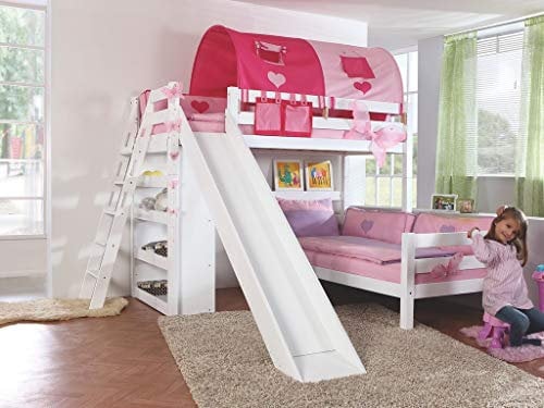 Froschkönig24 Etagenbett Sky Kinderbett mit Rutsche Spielbett Bett Weiß Stoffset Pink/Herz