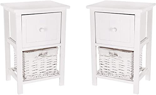 LIVIVO Single White Shabby Chic Style Wooden Bedside Cabinet Table Single Drawer Wicker Storage Basket - No Assembly Required (Set of 2)