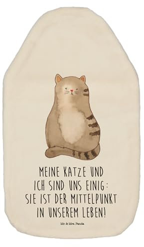 Mr. & Mrs. Panda Wärmflasche Katze Sitzen - Geschenk, Katzenfan, Kater, Kleine Wärmflasche, Katzenliebhaber, Wärmflasche mit Bezug,