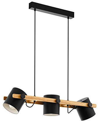 EGLO Pendellampe Hornwood, 3 flammige Vintage Pendelleuchte im Industrial Design, Retro Hängellampe aus Stahl und Holz, Farbe: Schwarz, Creme, braun, Fassung: E27