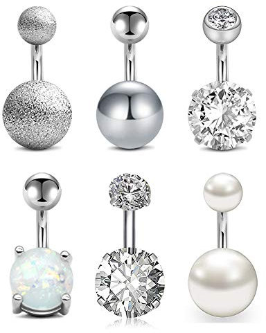 Longita 14G Kurz Bauchnabelpiercing Chirurgenstahl Opal Perle CZ Stab 6mm Damen Mädchen Bauchnabel Piercing Bananabells Köperschmuck Piercing 6 Stück-Silber