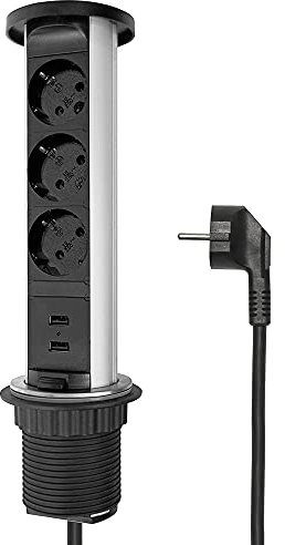 Elbe Inno Versenkbare Tischsteckdose für die Arbeitsplatte (3 Steckdosen & 2 USB), Mehrfachsteckdose für Küche und Büro, wassergeschützte Steckdosenleiste aus Aluminium in schwarz-grau Optik