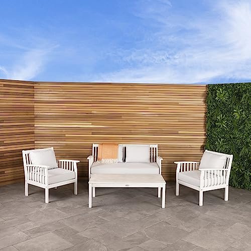 CHARLES BENTLEY FSC® 100% Acacia, White Washed, 4 Piece Sofa, Garden, Patio, Lounge Set, Sofa, 2x Chair, Table, Contemporary, Hardwood, Seat And Back Cushions, 4 Seater, Al Fresco (142x78x75cm)