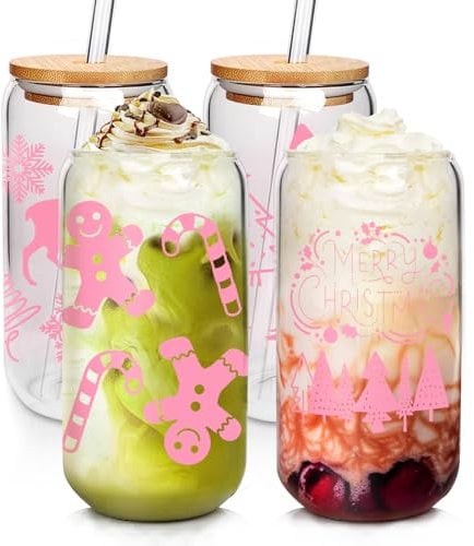ANOTION Useful White Elephant Gifts for Adults Holiday, 18OZ Christmas Cups Christmas Coffee Mugs Tumbler Glass Cups with Lids and Straws Pink Christmas Tree Gingerbread Gifts for Women Unique