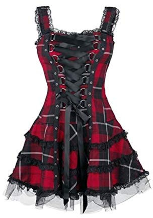 Minetom Robes Femme Mini Robe À Carreaux Robes De Cocktail sans Manches Rétro Vintage Rockabilly Bandage Corsage Dentelle Gothique Steampunk Robe Rouge L