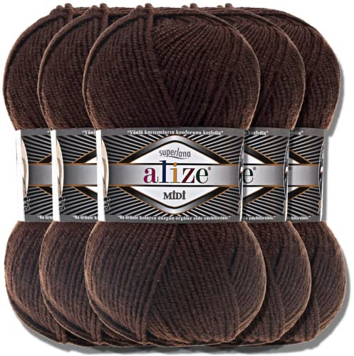 Alize 5 x 100g Superlana Midi Türkische Premium Wolle Baumwolle und Acryl Uni Handstrickgarne | Yarn | Garn | Strickgarn Einfarbig Baby zum Häkeln Stricken Kleidung Schals (Brown | 26)