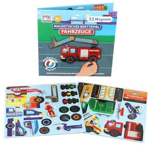 MAGNIKON Magnetspiel mit Magnete, Motorikspielzeug mit großem Spielfeld für die Beschäftigung bei der Autofahrt, Spiel für Unterwegs mit Magnetpuzzlen, Magnetbuch (Fahrzeuge)