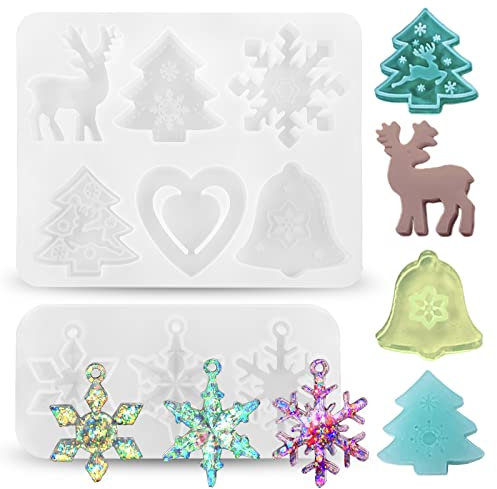 2 Stück Weihnachten Silikonform Elch Schneeflocke Silikon Form Seifenform Weihnachtsbaum Gießform Epoxidharz Form Fondant Formen Harz Backform für DIY hausgemachte Seifen Pudding Eiswürfel Gelee