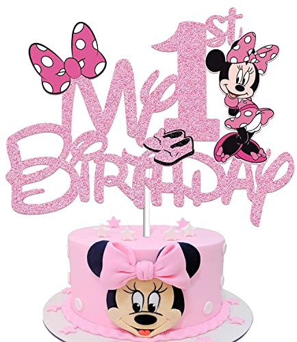 JUYRLE Pink 1 Year Old Cake Topper - My 1st Pink Mouse Cartoon Happy Party Decorations First Birthday Party Supplies Decor for Kids Girls Birthday Baby Shower