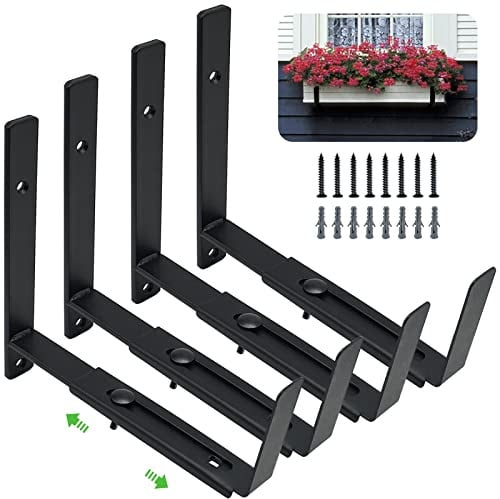 Pusonor Adjustable Window Box Bracket 4 Pack, Heavy Duty Planter Box Bracket Flower Box Holder Wall Mount Suitable for Planter Boxes 6 inches to 12 inches Deep