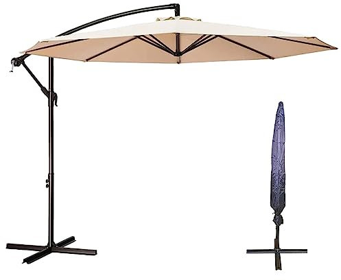 Samuel ALEXANDER 3m Cantilever Parasol in Beige with Crank Handle for Patio Garden Banana Parasol with Weatherproof cover + Cross Stand Base Included