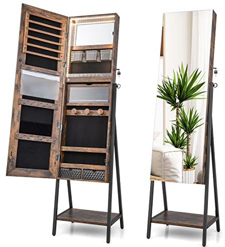 GOPLUS Schmuckschrank mit Spiegel, 2 in 1 Spiegelschrank mit verstellbarer LED-Beleuchtung, freistehender Schmuckspiegel mit Ablage (Rustikales Braun)