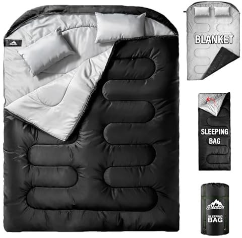 MEREZA Double Sleeping Bag for Adults Mens with Pillow, XL Queen Size Two Person Sleeping Bag for All Season Camping Hiking Backpacking 2 Person Sleeping Bags for Cold Weather & Warm