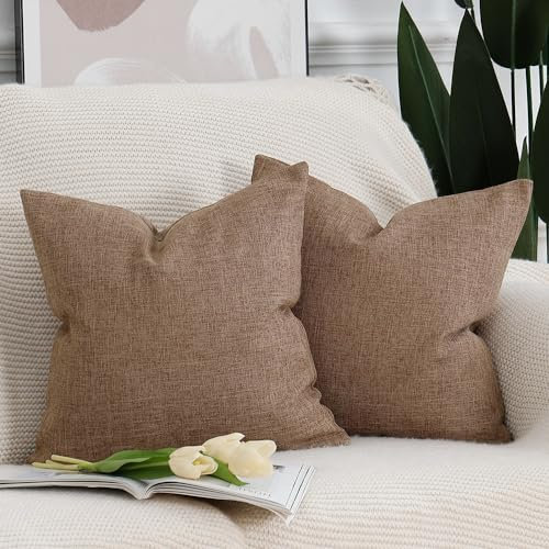Madizz 2er Set Faux Leinen Kissenbezügen Weich Dekorative Kissenabdeckung für Sofa Schlafzimmer Kissenhülle Hellbraun 60x60 cm Quadrat