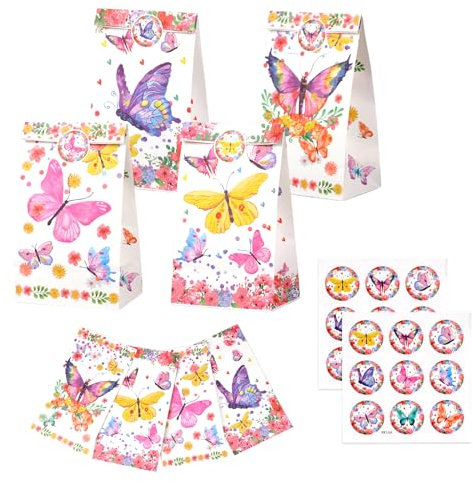 Schmetterling Geburtstagstüten, 12 Stück Papiertüten Bunt mit 18 Aufkleber, Papier Geschenktüten zum Befüllen, Tüten Kindergeburtstag für Süßigkeiten, Mitgebsel, Geburtstag, Hochzeit, Urlaub