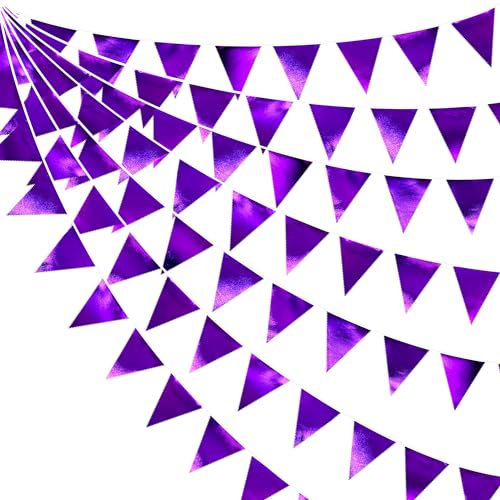 32Fuß Lange Violette Stoff-Dreiecksbanner-Flagge Doppelseitig Metallisch Holografische Wimpelkette Girlande für Geburtstag Hochzeit Abschlussfeier Halloween Baby Brautparty Jahrestag Party-Dekoratione